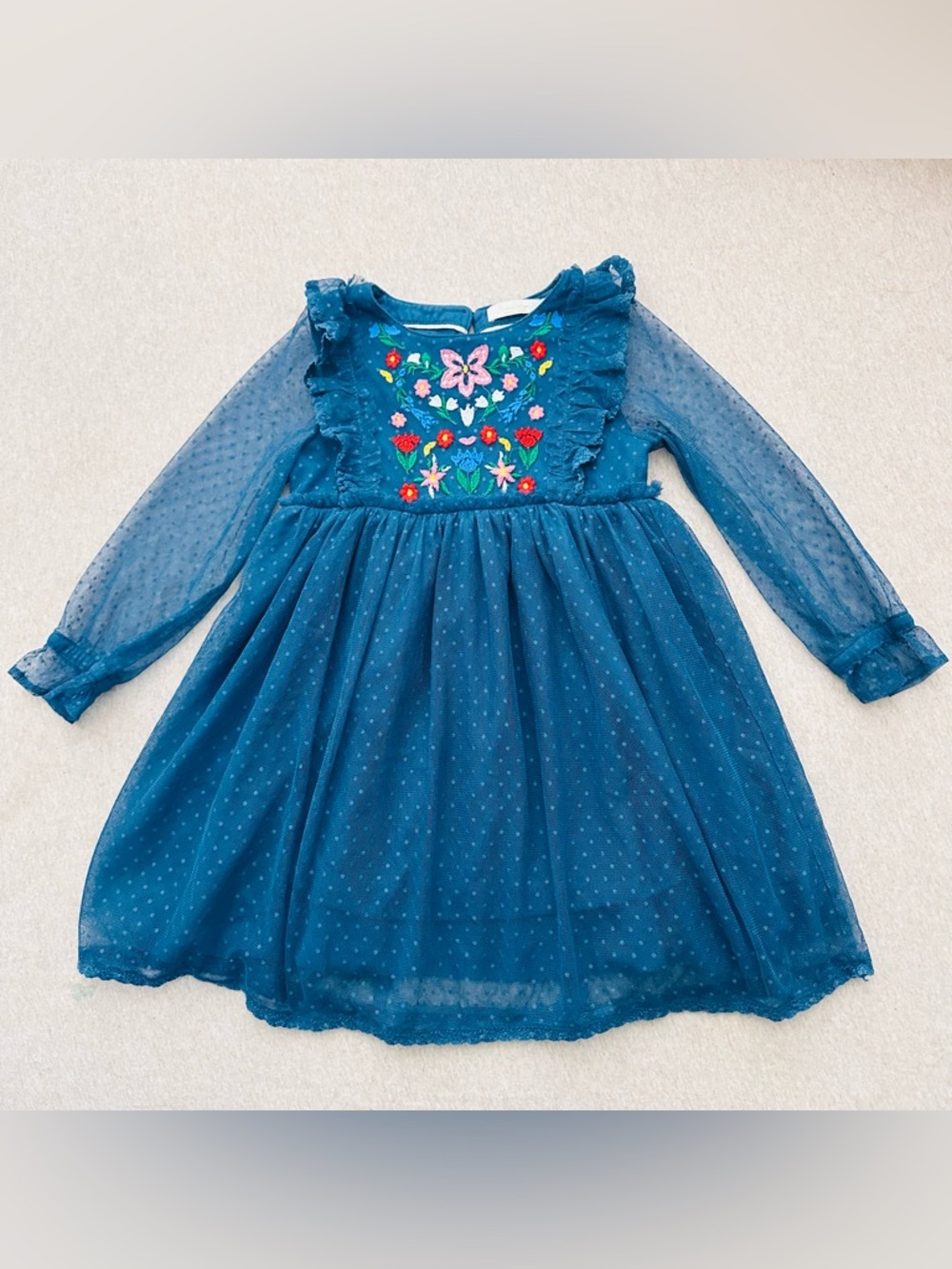 Mini Boden Long Sleeve Tulle Dress Baltic Blue Embroidered Flower